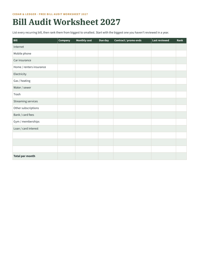 Page 1 of the free Bill Audit Worksheet: a blank table for every recurring bill with cost, due day, promo end date and rank