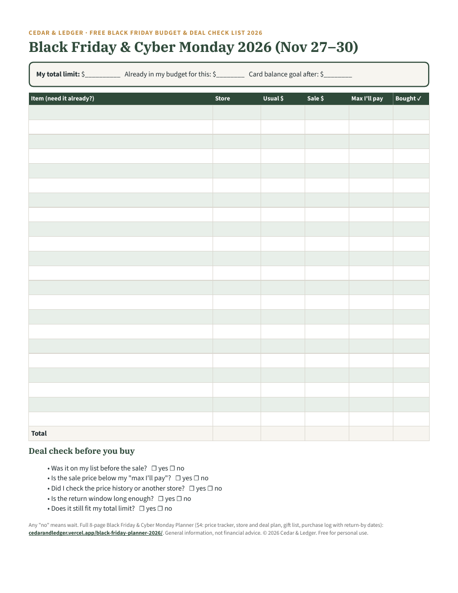 The free Black Friday Budget List: spending limit box, 22-line item table and deal check questions, blank