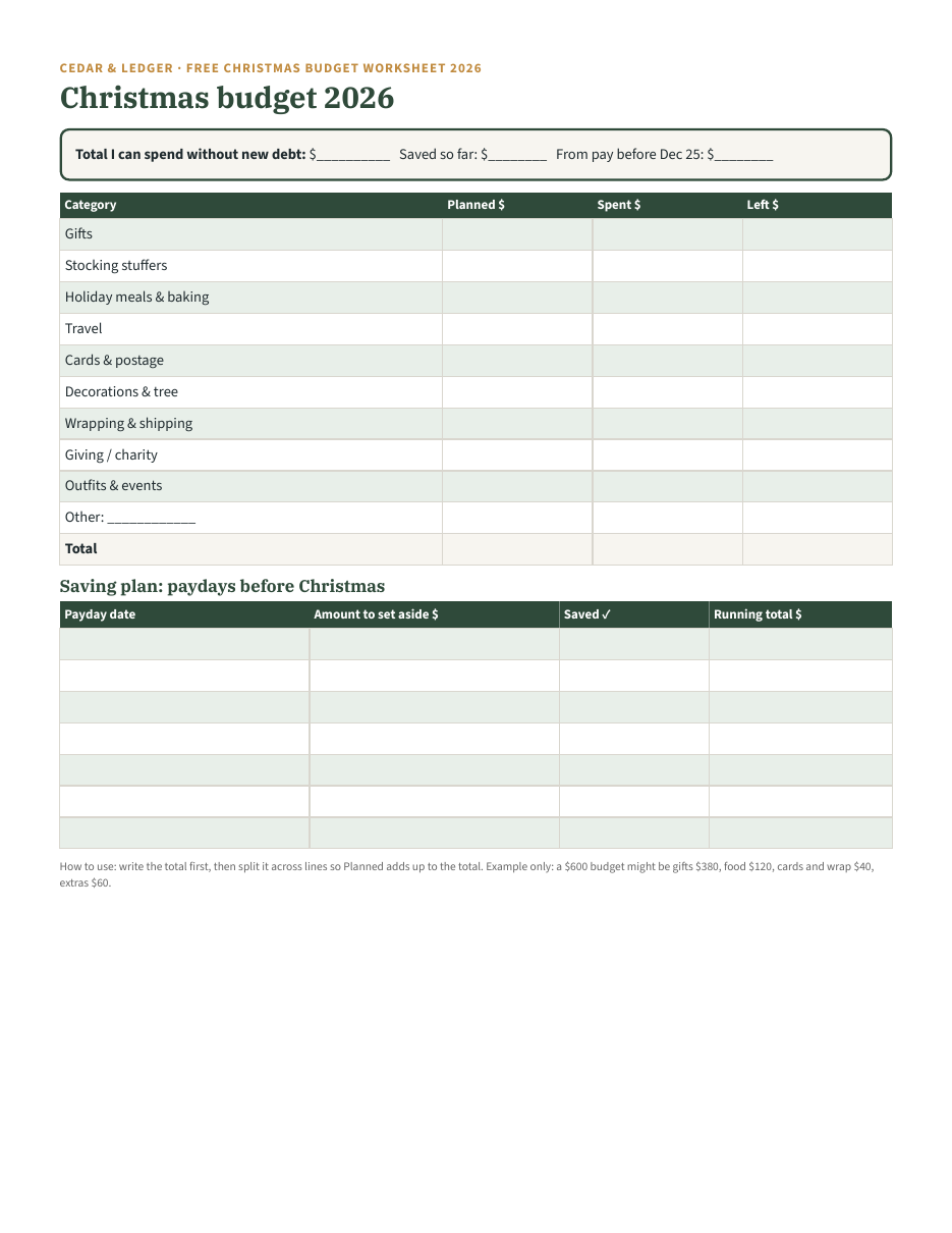 Page 1 of the free Christmas Budget Worksheet: category budget table and payday saving plan, blank