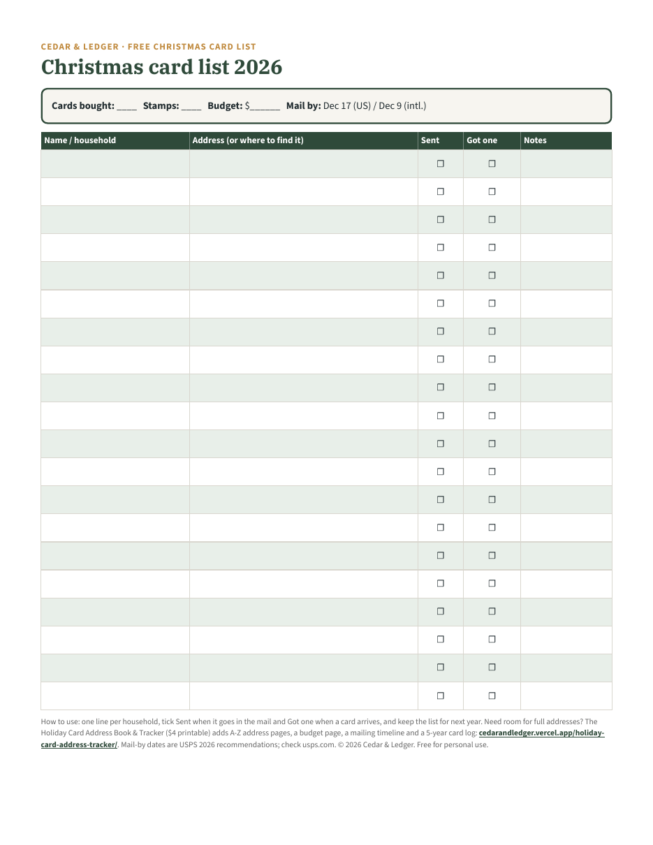 Blank Christmas card list with columns for name, address, sent, received and notes