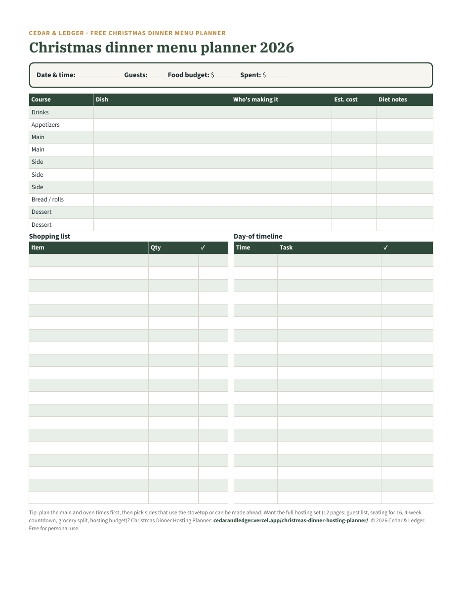 Christmas dinner menu planner printable with courses, who brings what, shopping list and day-of timeline