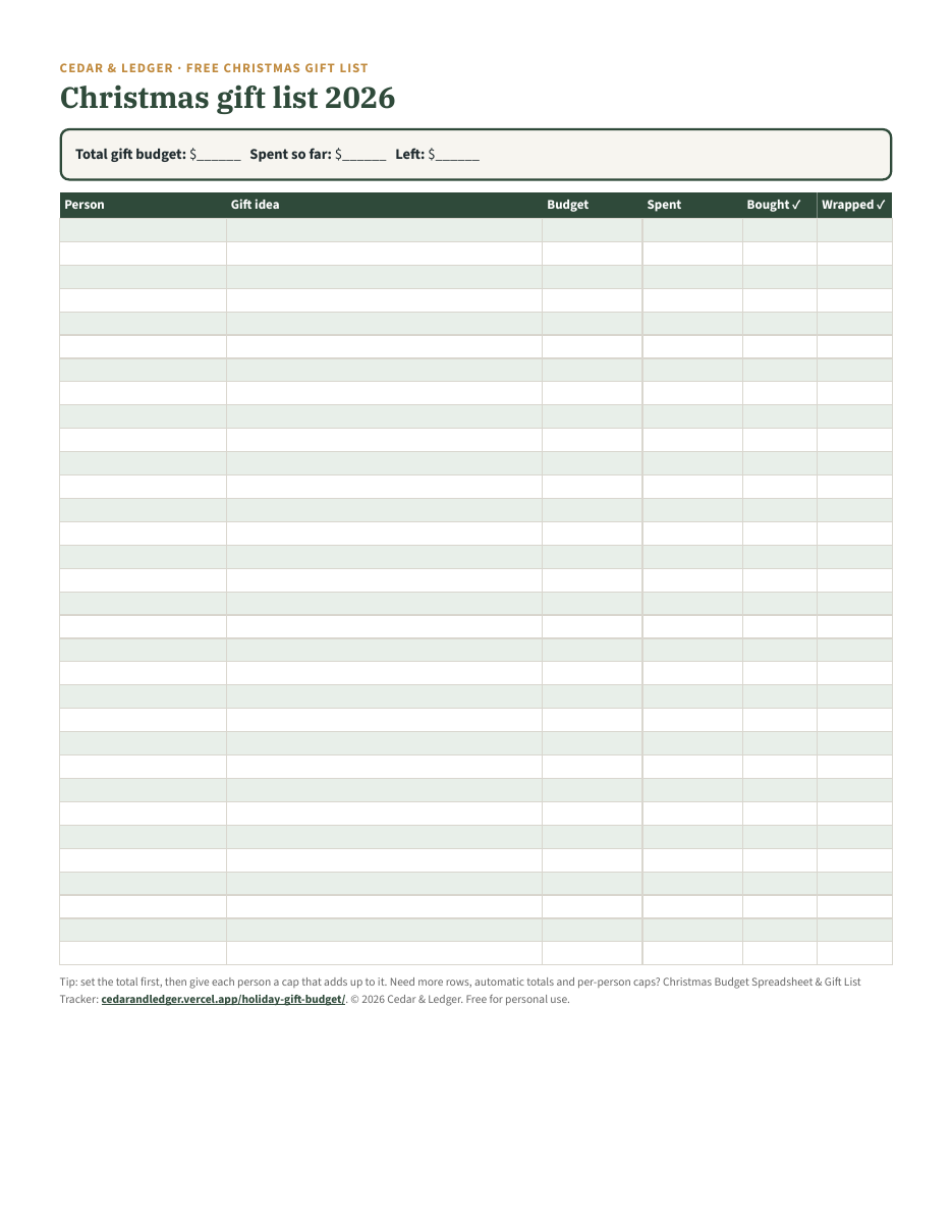 Christmas gift list printable with person, gift idea, budget, spent, bought and wrapped columns