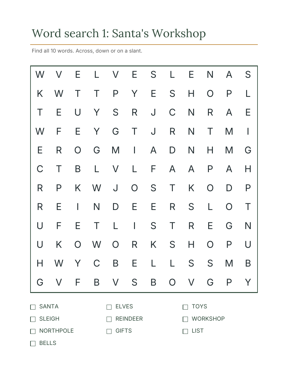 Christmas word search for kids with a 12 by 12 letter grid and 10 words