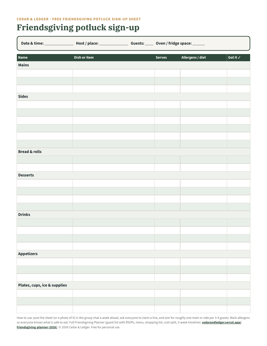 Blank Friendsgiving potluck sign-up sheet with sections for mains, sides, bread, desserts, drinks, appetizers and supplies