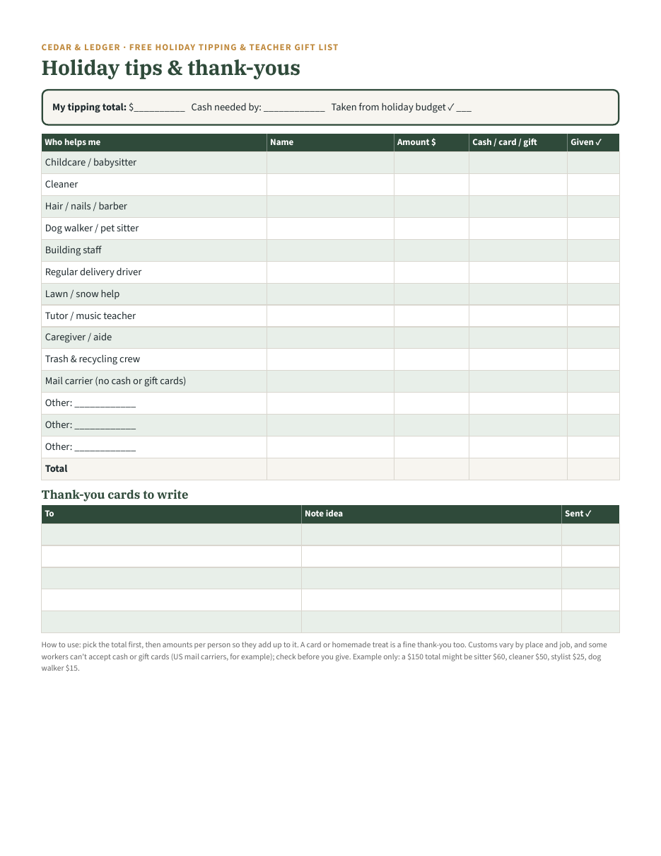Page 1 of the free Holiday Tipping list: tipping total, a table of people who help you with amount and given columns, and thank-you cards, blank