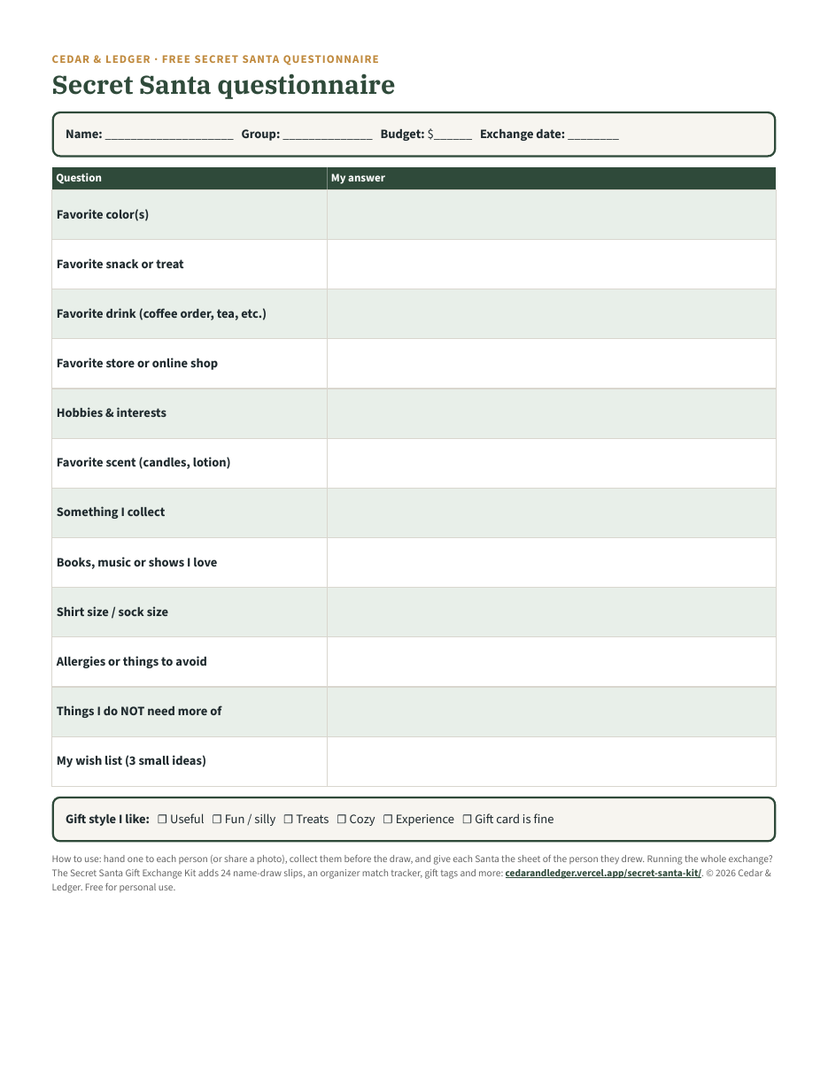 Blank Secret Santa questionnaire with questions on favorites, sizes, allergies, wish list and gift style