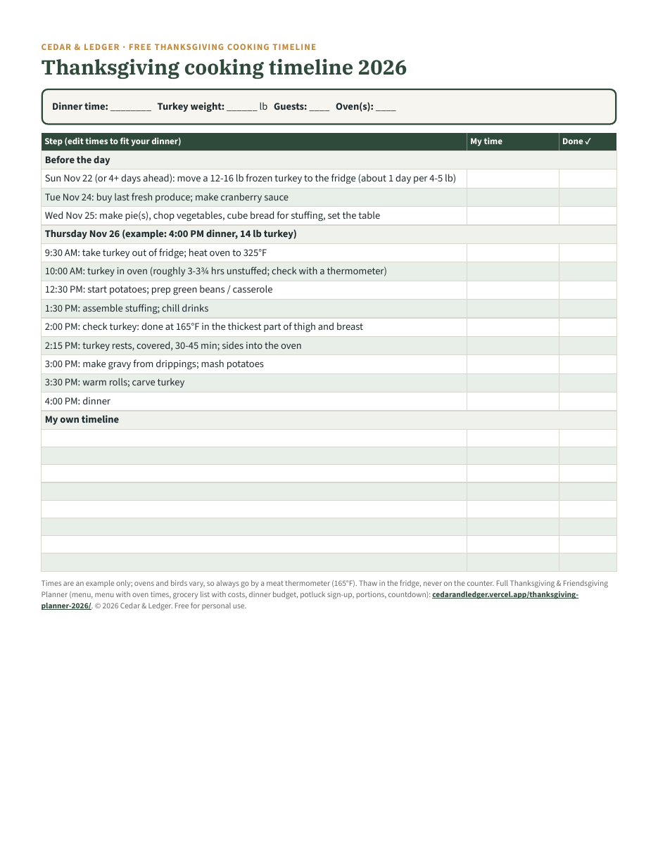 Thanksgiving cooking timeline printable with thaw dates, make-ahead tasks, a Thursday hour-by-hour example and blank rows