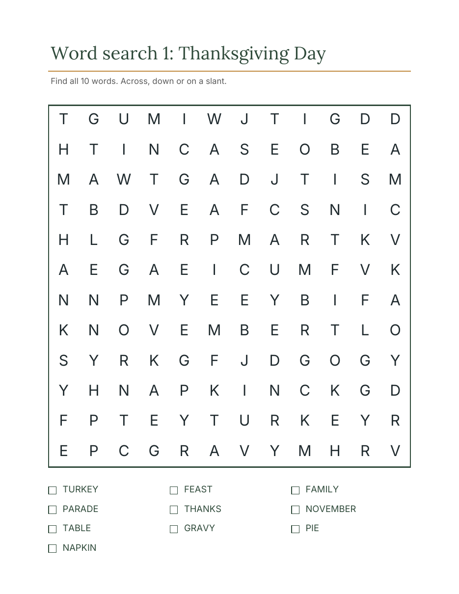 Thanksgiving Day word search for kids with a letter grid and word list