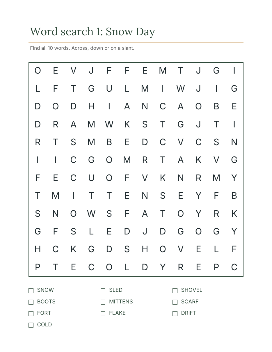 Winter snow day word search for kids with a 12 by 12 letter grid and 10 words