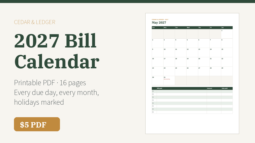 2027 Bill Calendar Printable (Monthly Bill Due Dates) preview