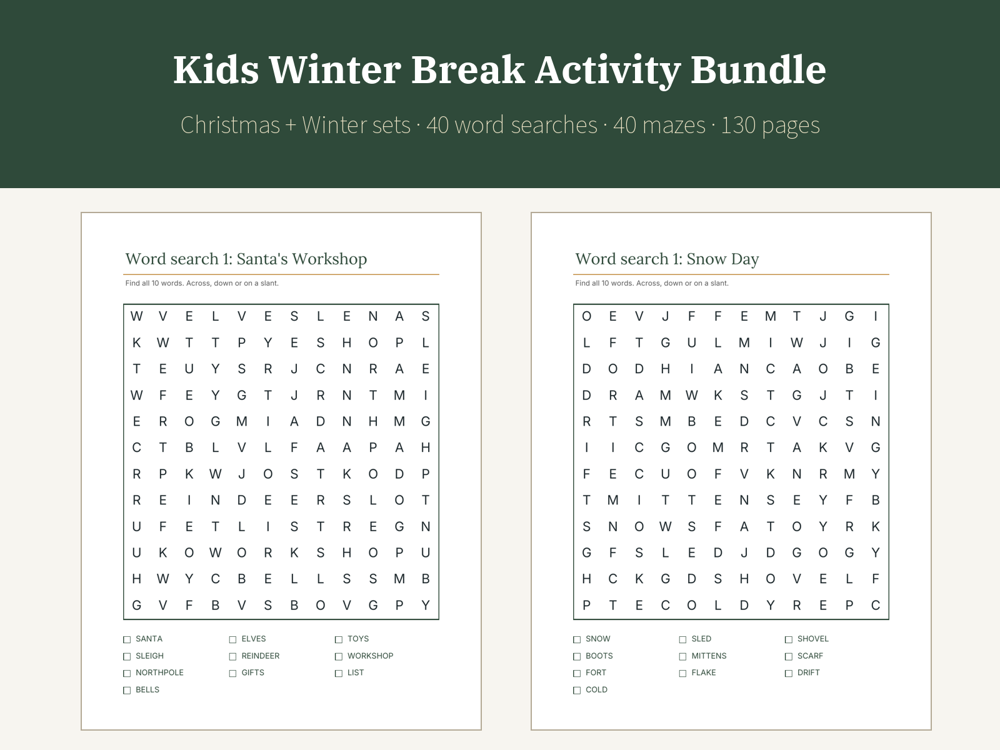 Kids Winter Break Activity Bundle