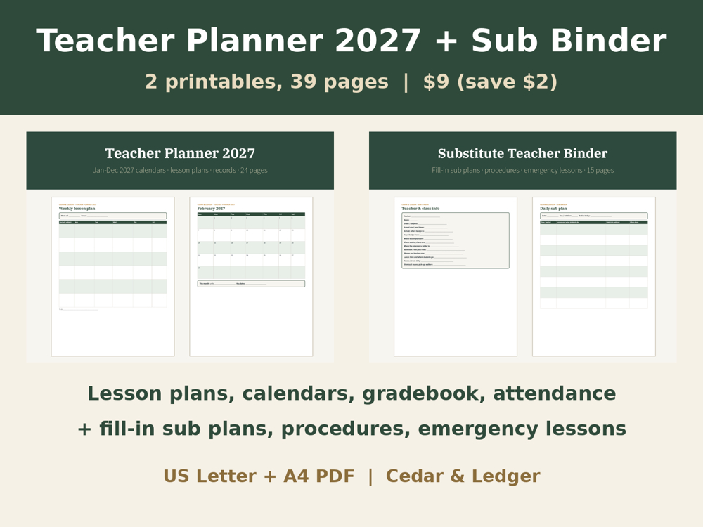 Teacher Planner 2027 + Sub Binder Bundle