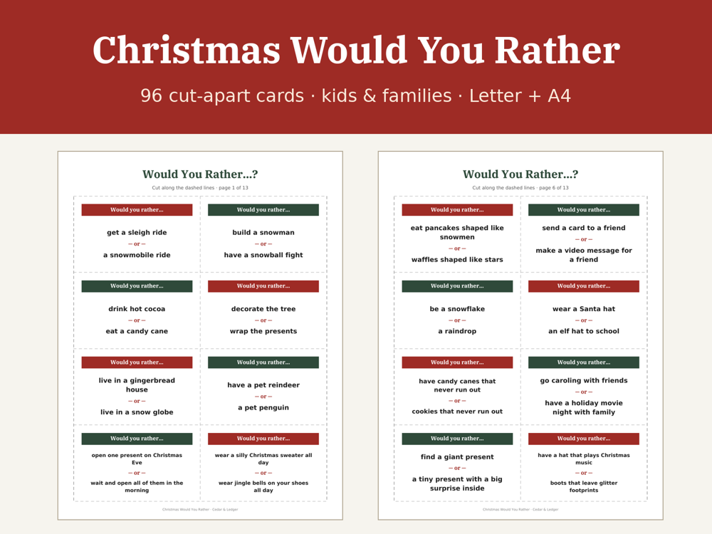 Christmas Would You Rather Cards Printable