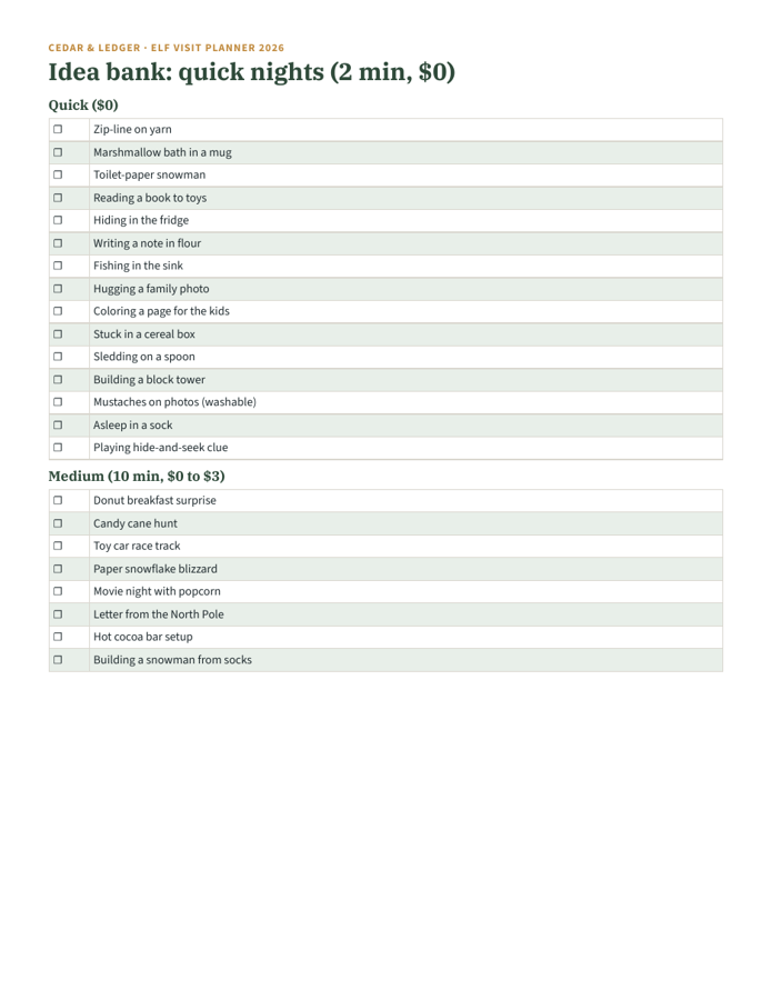 Christmas Elf 25-Day Visit Planner 2026 example page: ideas