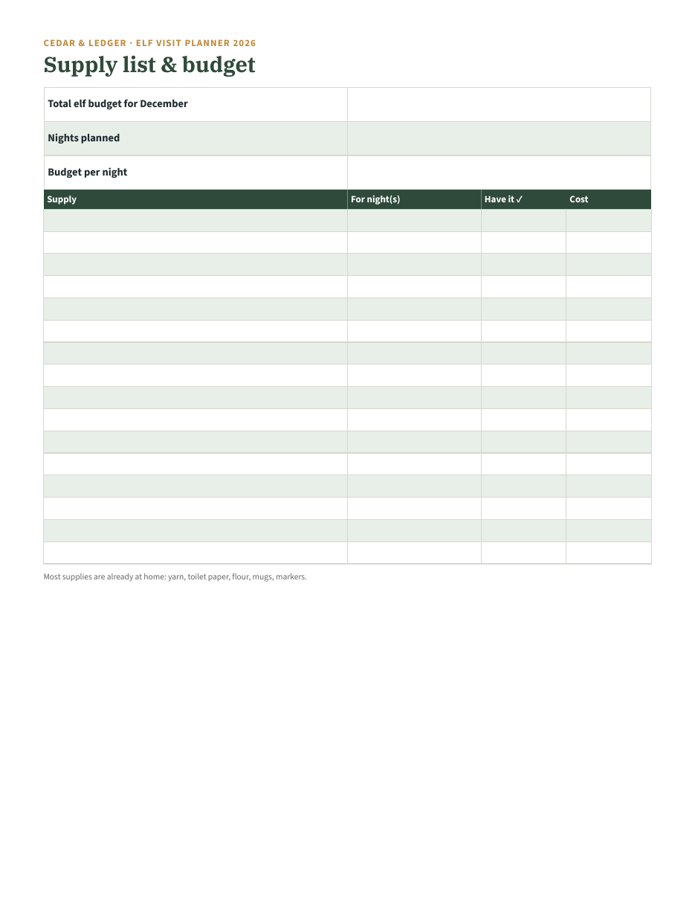 Christmas Elf 25-Day Visit Planner 2026 example page: supplies
