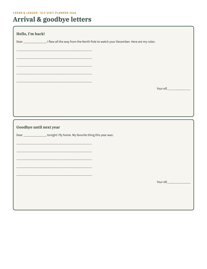 Christmas Elf 25-Day Visit Planner 2026 example page: letters