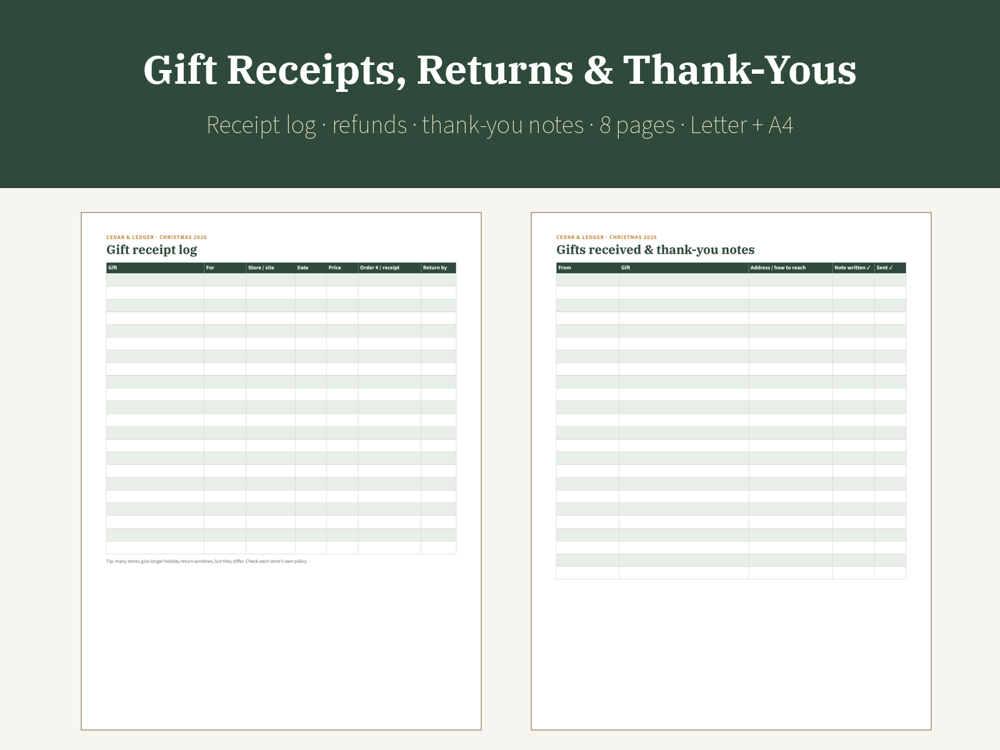 Gift Receipts, Returns & Thank-You Tracker