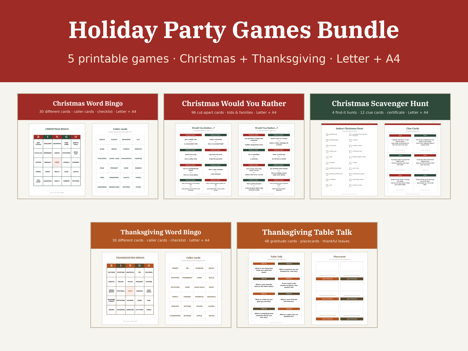 Holiday Party Games Bundle: 5 printable games