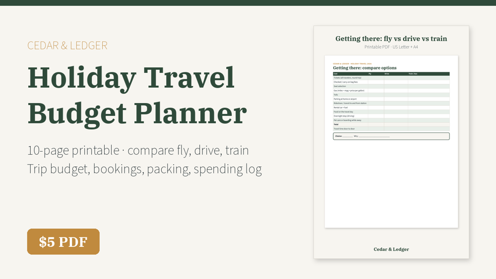 Holiday Travel Budget Planner 2026 Printable preview