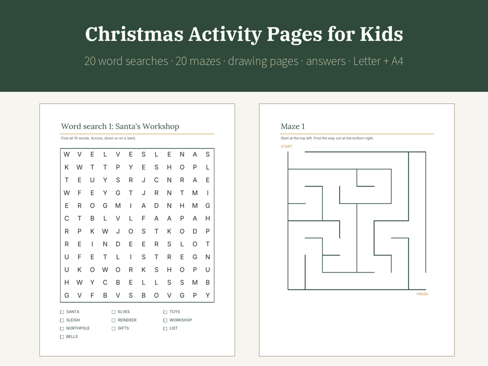 Christmas Activity Pages for Kids Printable