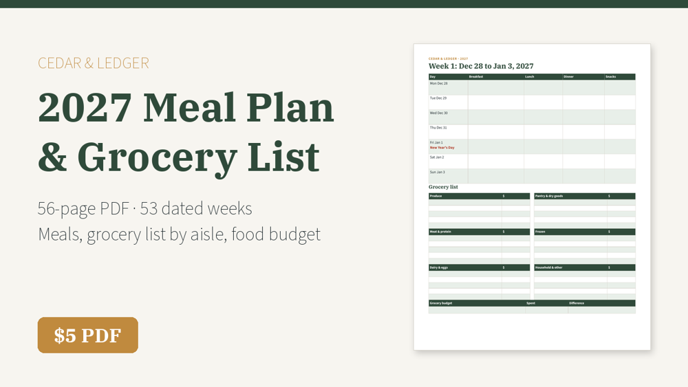 2027 Meal Plan & Grocery List Printable