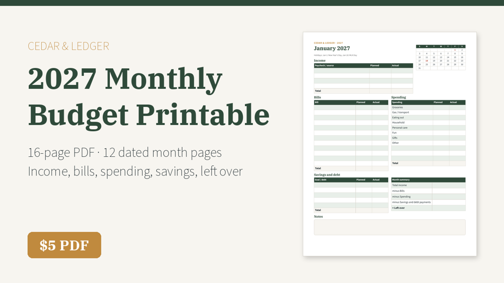 2027 Monthly Budget Printable