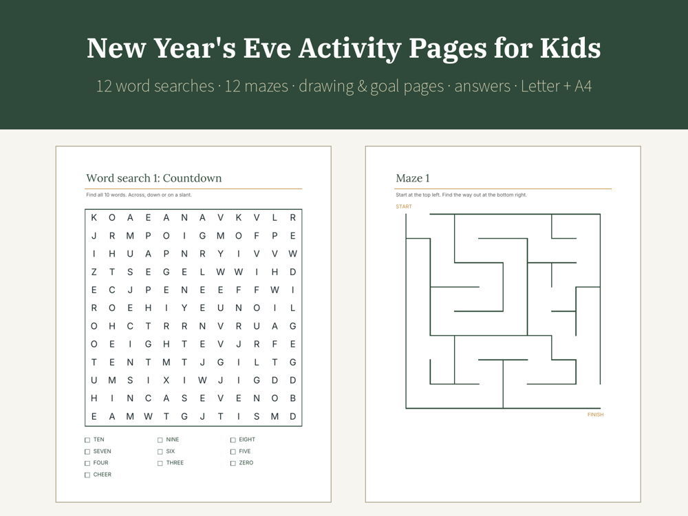 New Year's Eve Activity Pages for Kids
