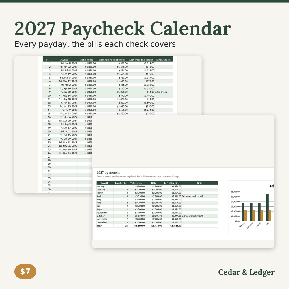 2027 Paycheck Calendar and Bill Planner (Biweekly Pay Dates) preview