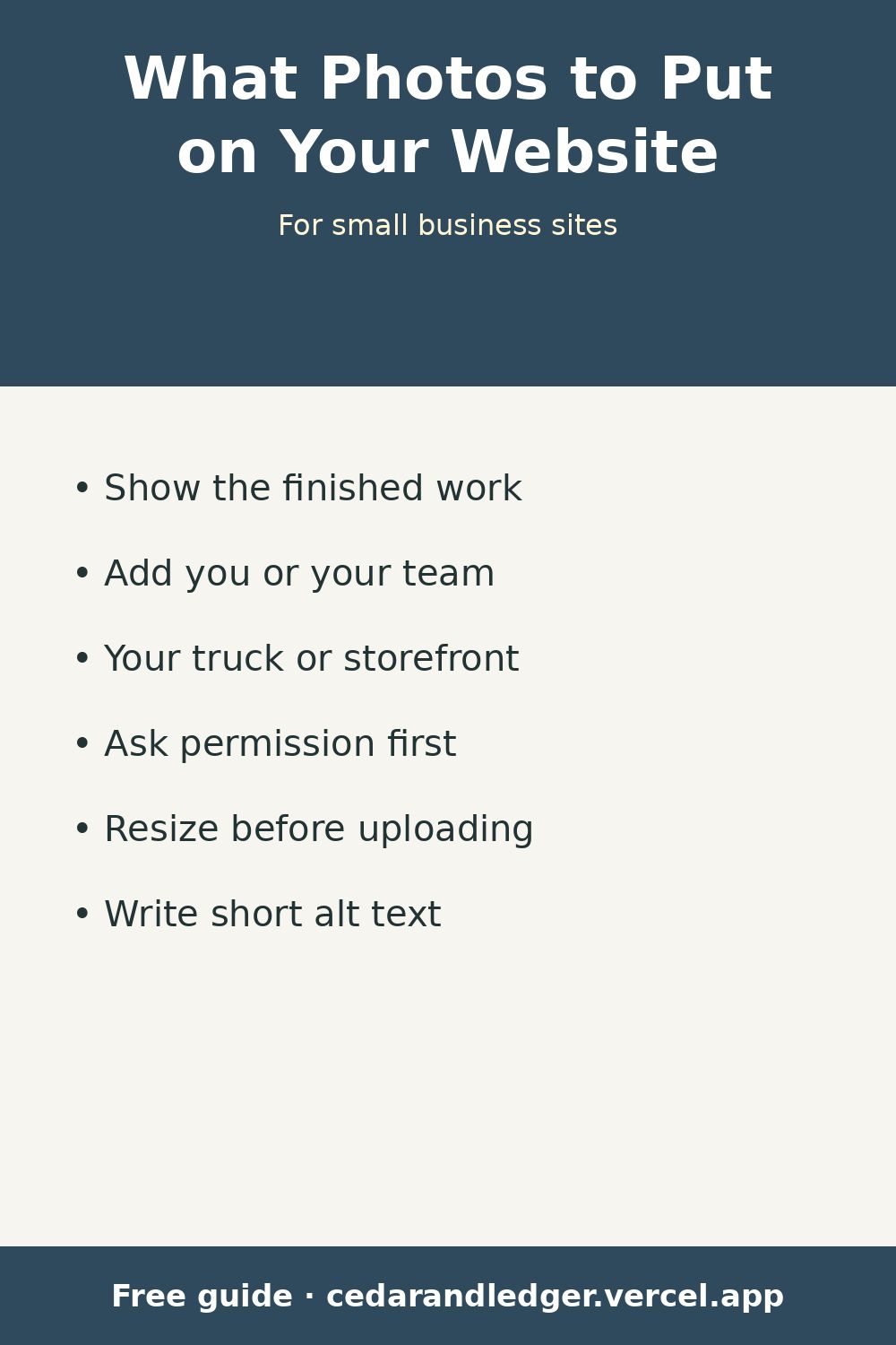 What Photos to Put on a Small Business Website (pinnable summary)