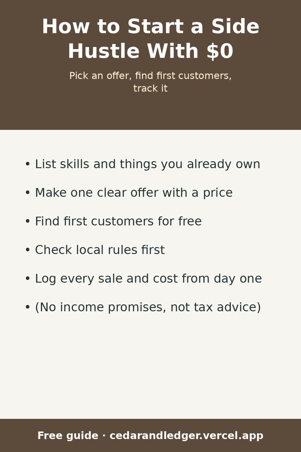 How to Start a Side Hustle With $0 and Track First Sales (pinnable summary)