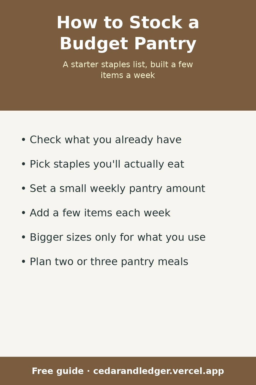 How to Stock a Budget Pantry (Starter Staples List) (pinnable summary)