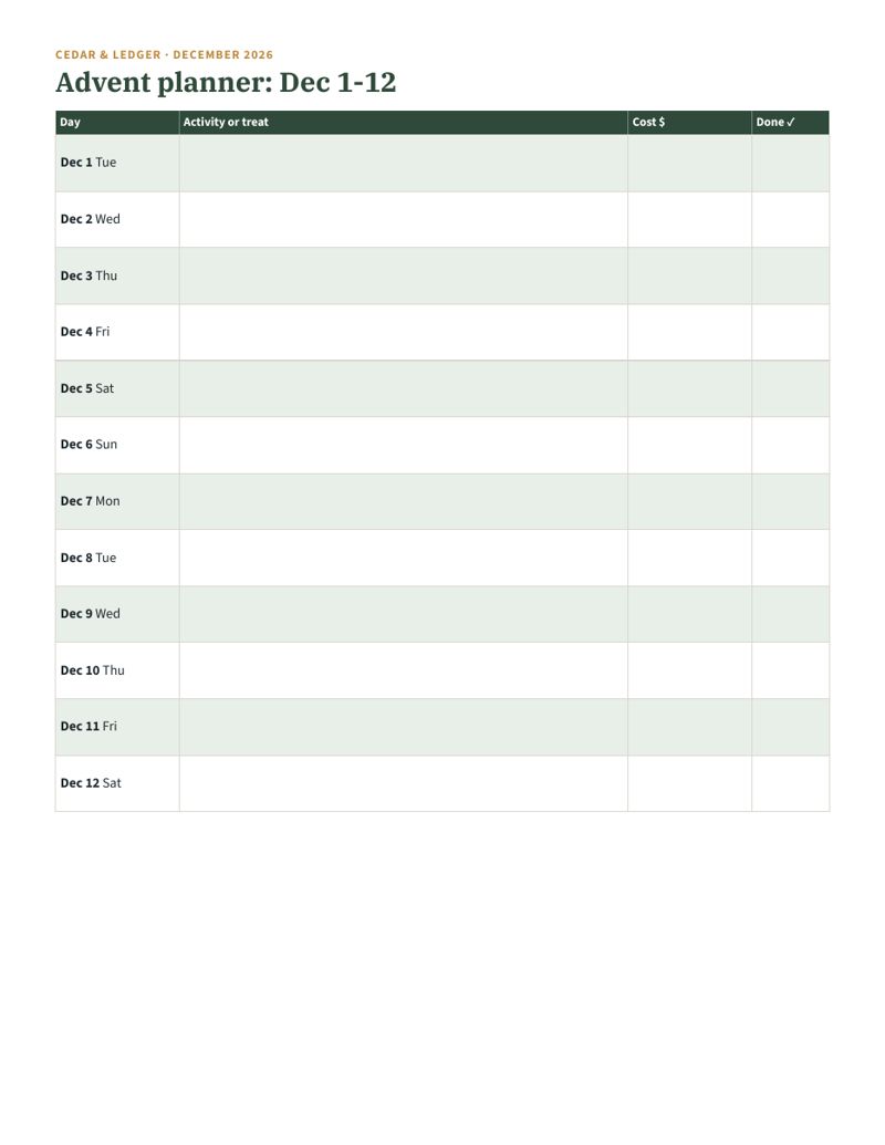 Advent Calendar & December Countdown 2026: planner preview
