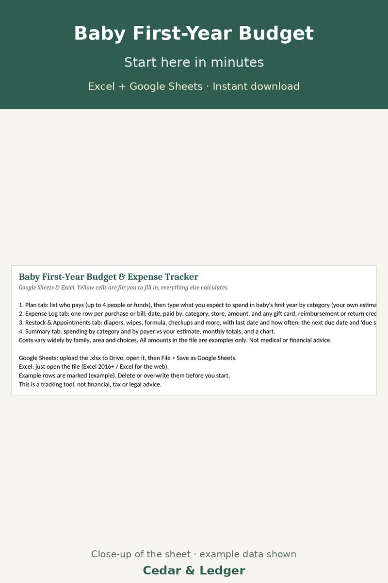 Baby First-Year Budget & Expense Tracker preview (example data)