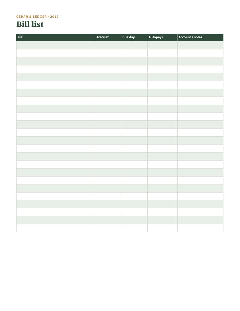 2027 Bill Calendar Printable (Monthly Bill Due Dates): Bill list preview
