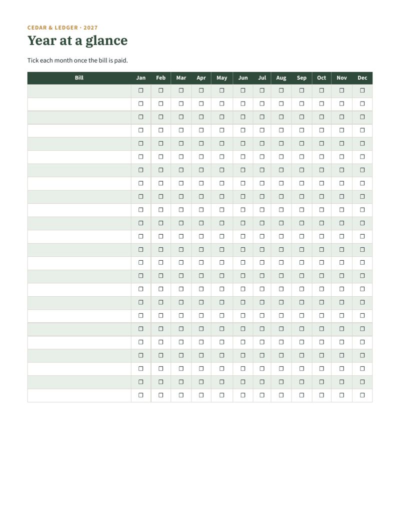 2027 Bill Calendar Printable (Monthly Bill Due Dates): Year at a glance preview