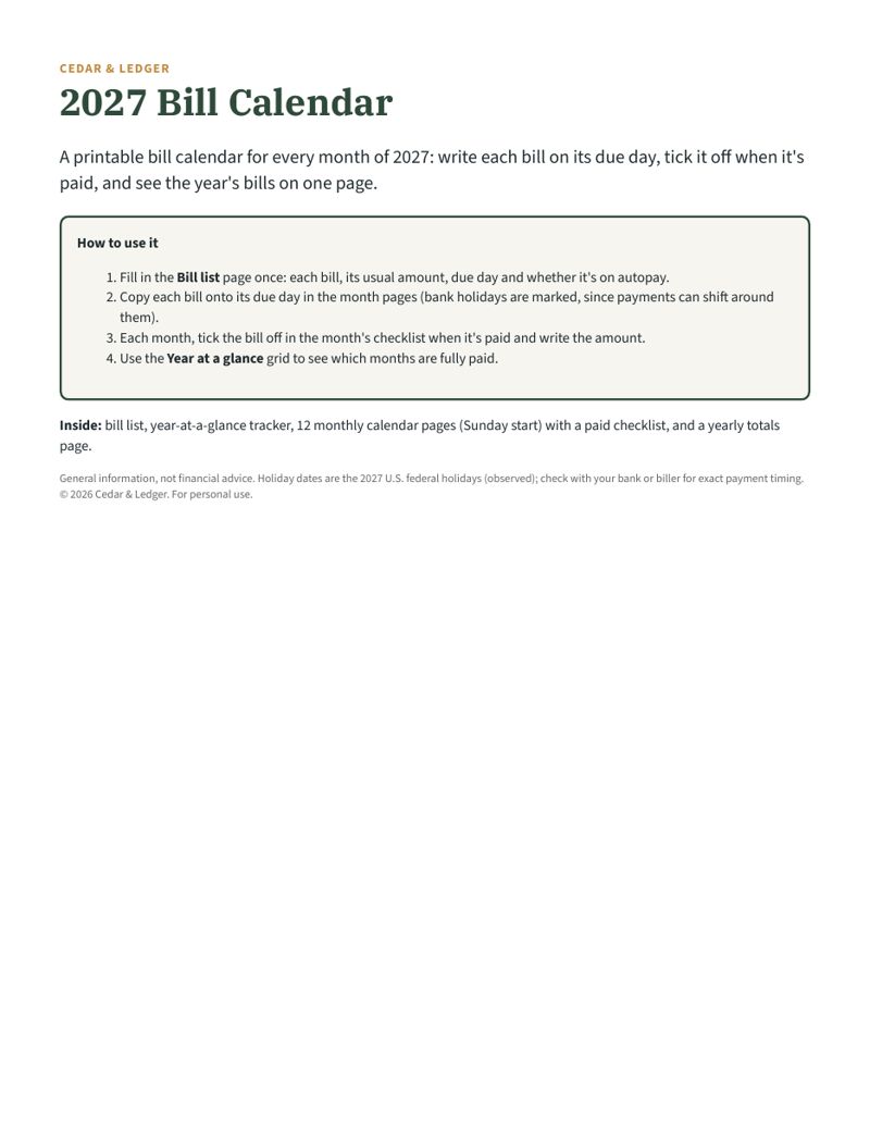 2027 Bill Calendar Printable (Monthly Bill Due Dates): How to use it preview