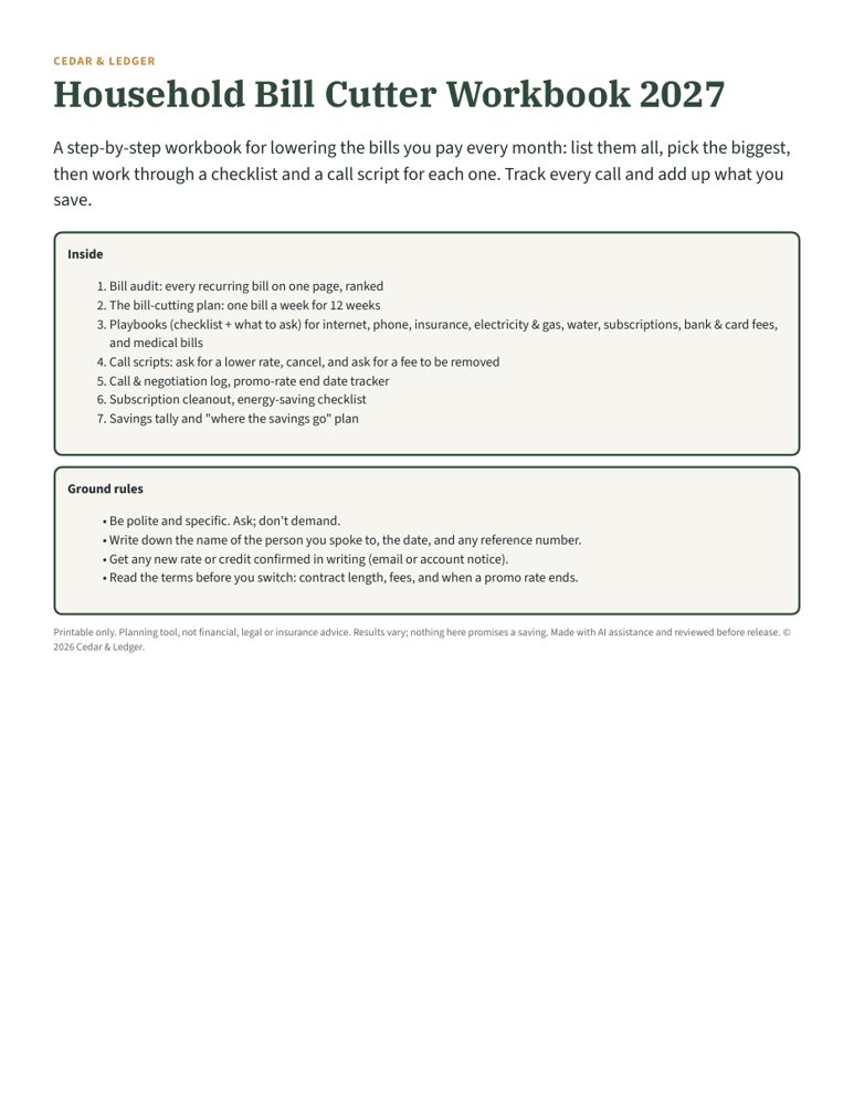 Household Bill Cutter Workbook 2027: inside preview
