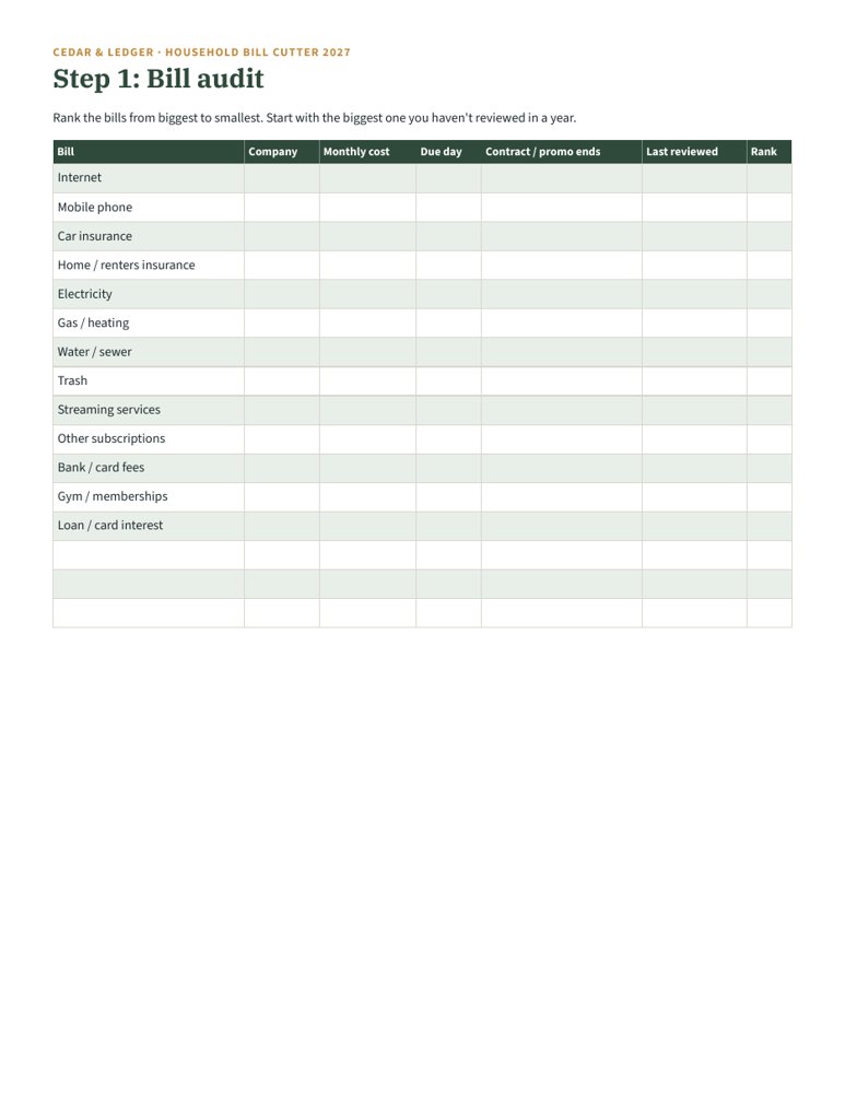 Household Bill Cutter Workbook 2027: audit preview