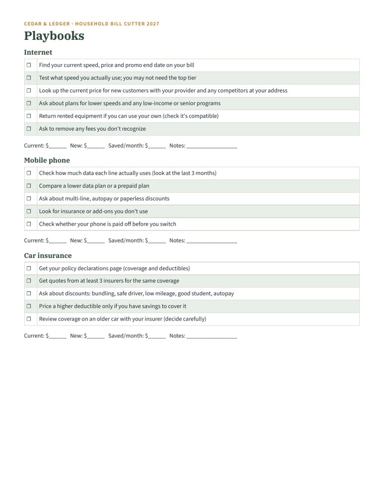 Household Bill Cutter Workbook 2027: playbooks preview