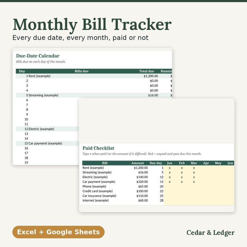 Monthly Bill Tracker Spreadsheet with Due Date Calendar: cover v2 preview