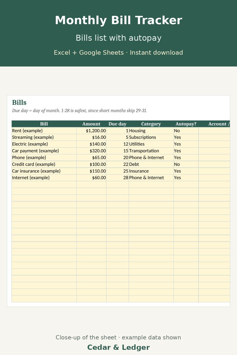 Monthly Bill Tracker Spreadsheet with Due Date Calendar: duedate preview