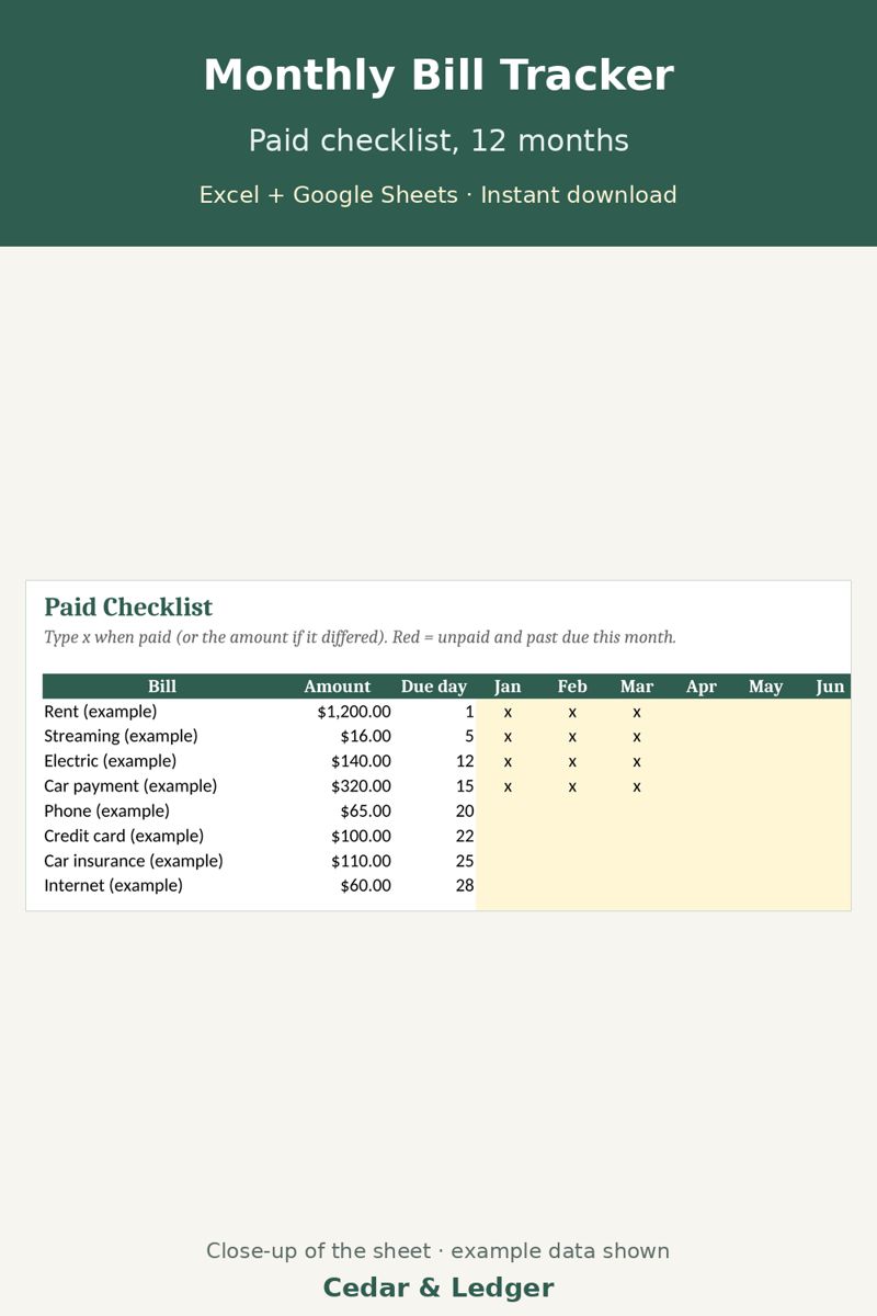Monthly Bill Tracker Spreadsheet with Due Date Calendar: paid preview