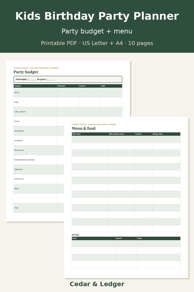 Party budget and menu pages