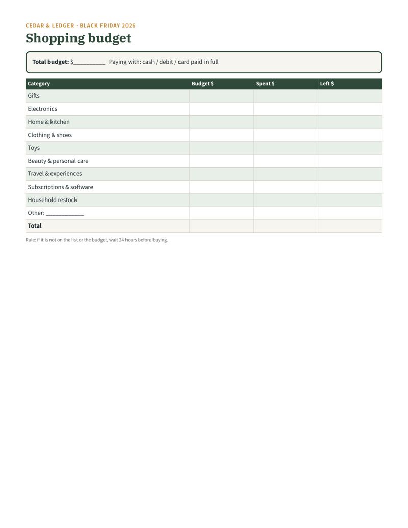 Black Friday and Cyber Monday 2026 Planner (Printable): Shopping budget by category preview