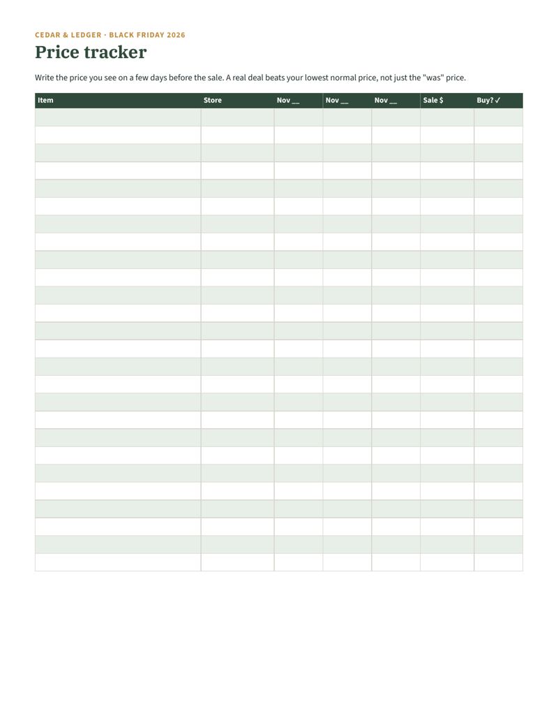 Black Friday and Cyber Monday 2026 Planner (Printable): Price tracker preview