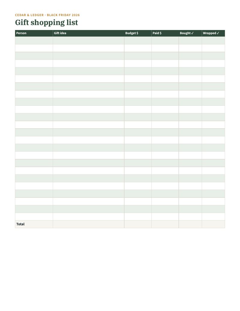Black Friday and Cyber Monday 2026 Planner (Printable): Gift shopping list preview