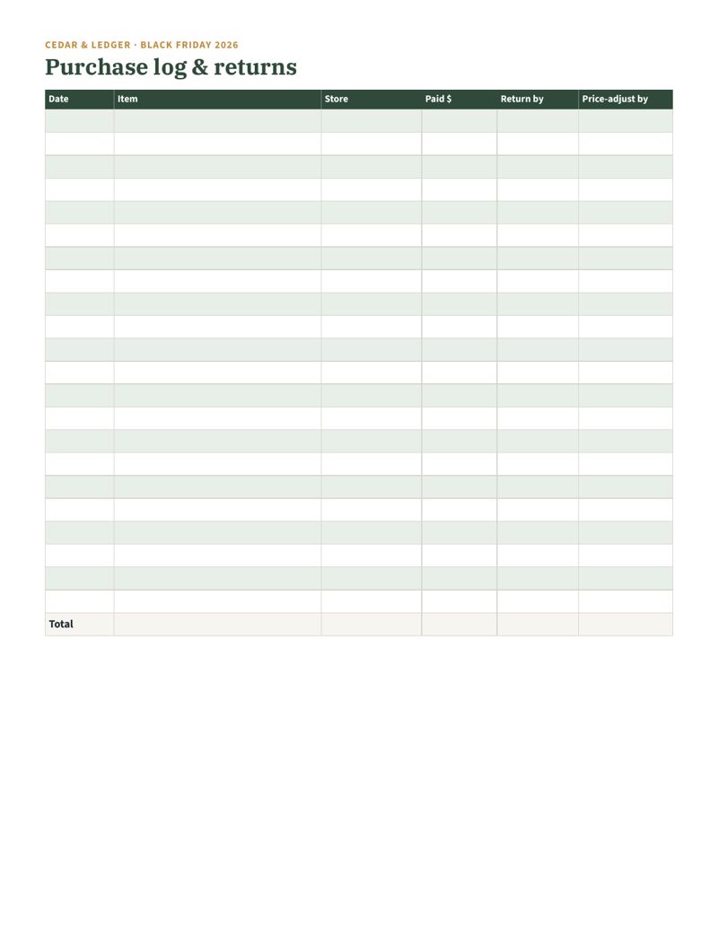 Black Friday and Cyber Monday 2026 Planner (Printable): Purchase log with return dates preview