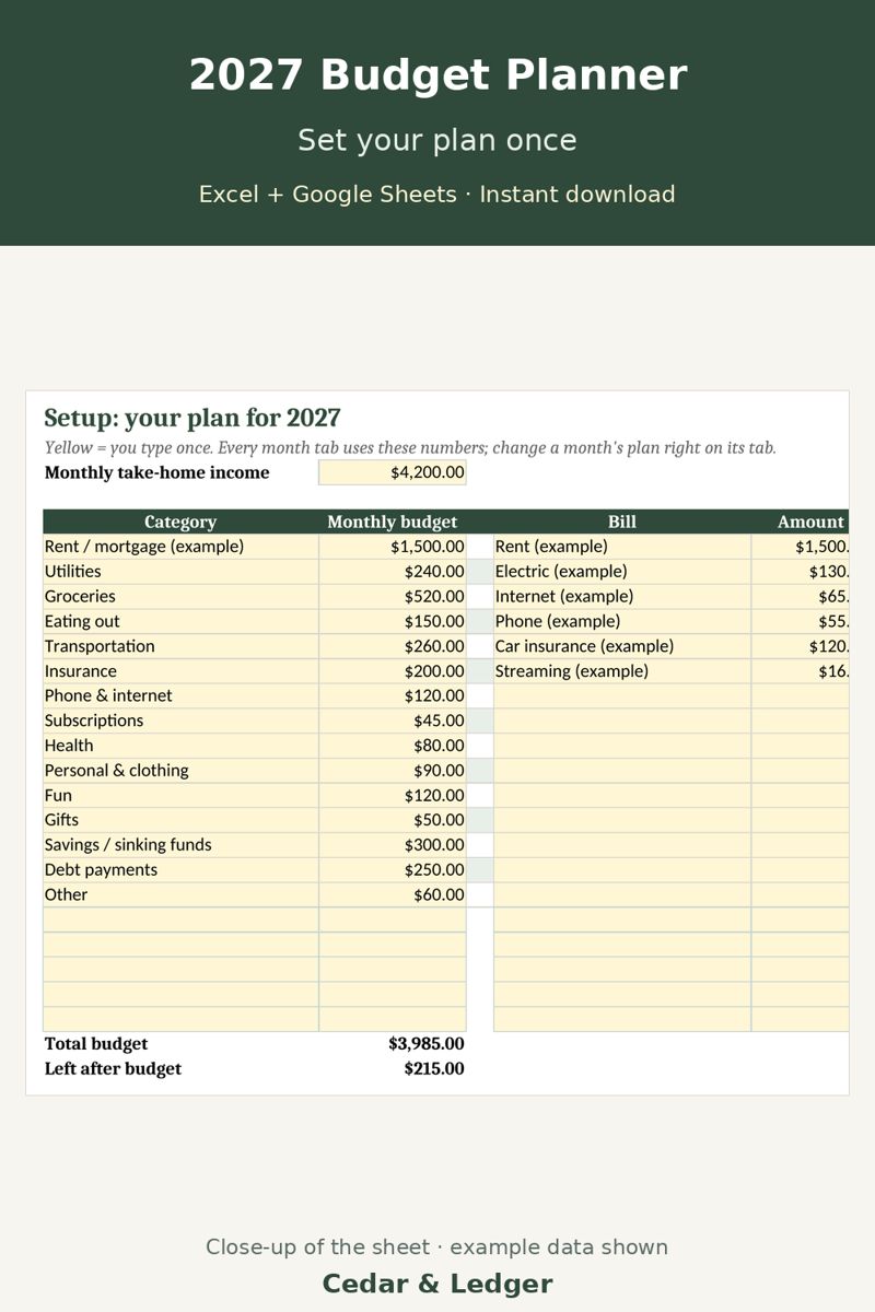 2027 Budget Planner: Monthly Financial Planner Spreadsheet preview (example data)