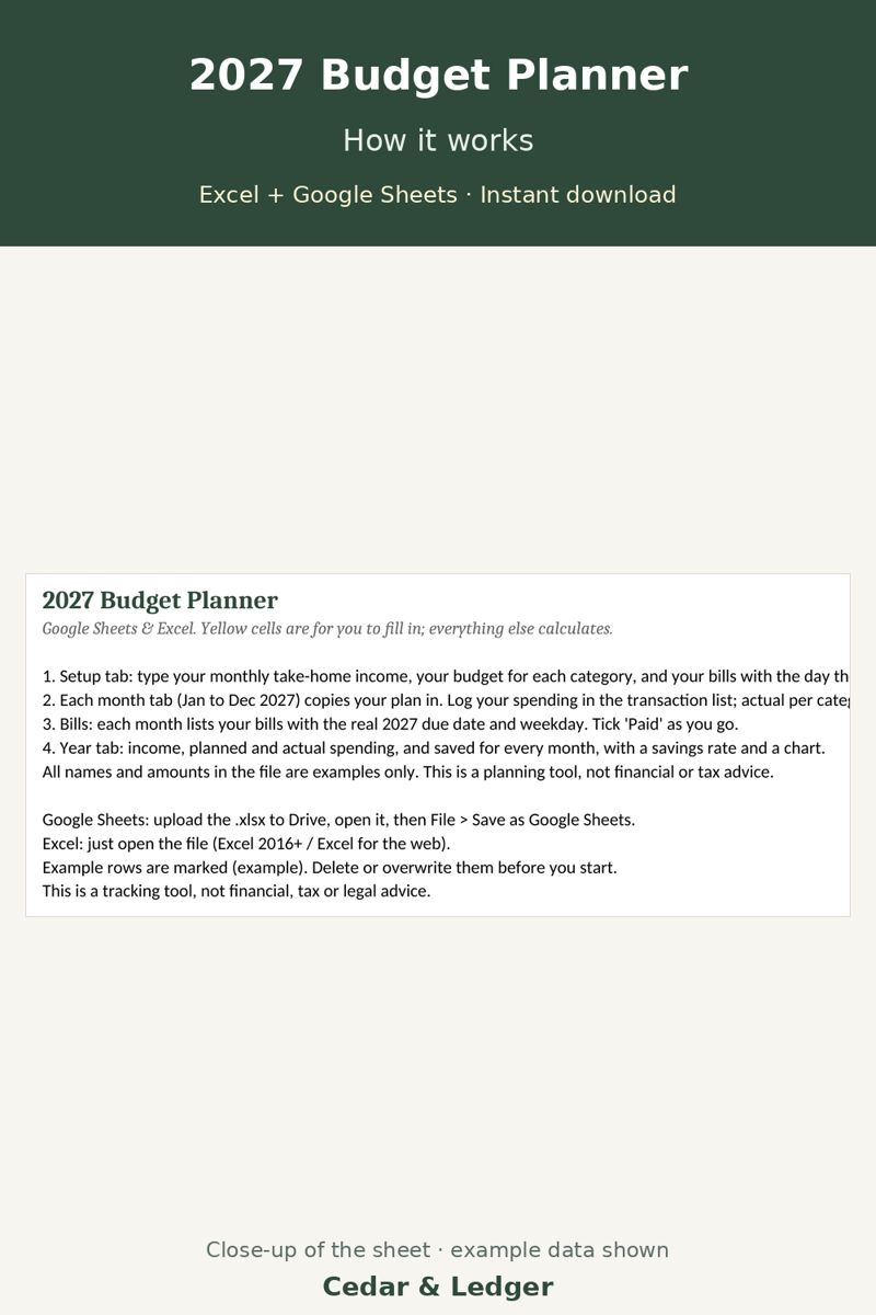 2027 Budget Planner: Monthly Financial Planner Spreadsheet: Start Here tab preview