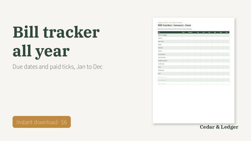 Printable Budget Planner 2027 (Monthly Budget and Bill Tracker): bills preview